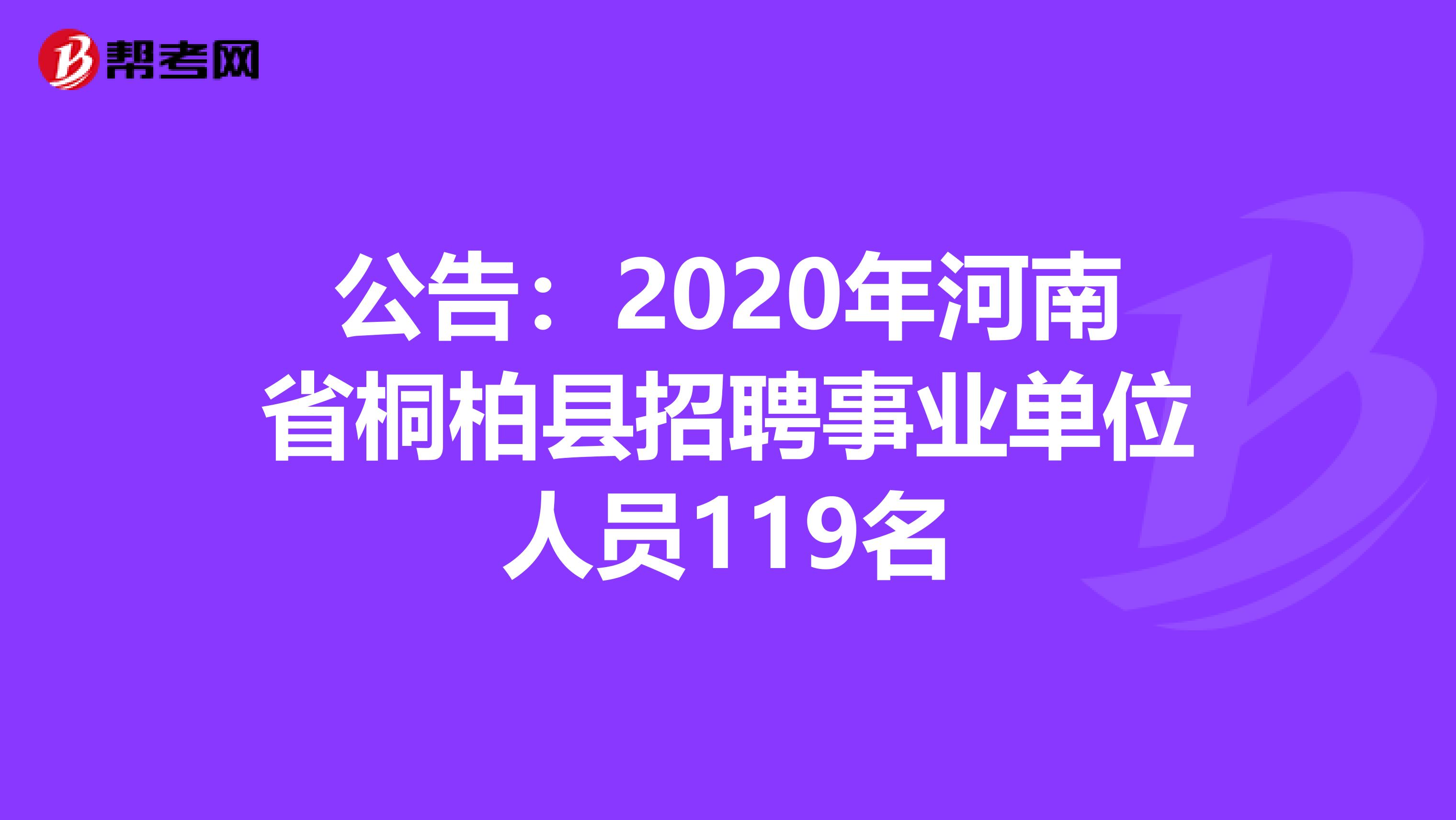 公告：2020年河南省桐柏县招聘事业单位人员119名