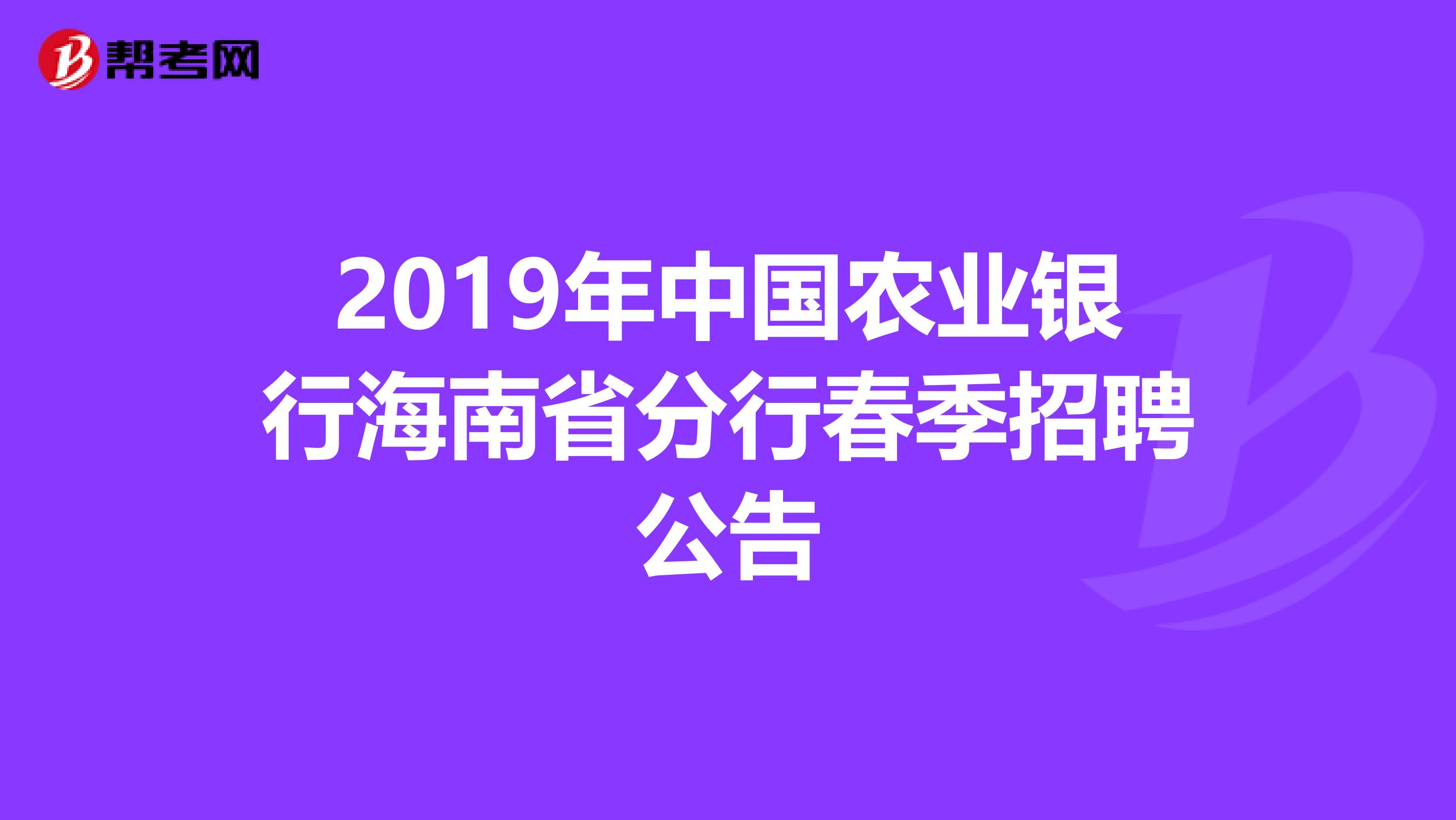 2019年中国农业银行海南省分行春季招聘公告