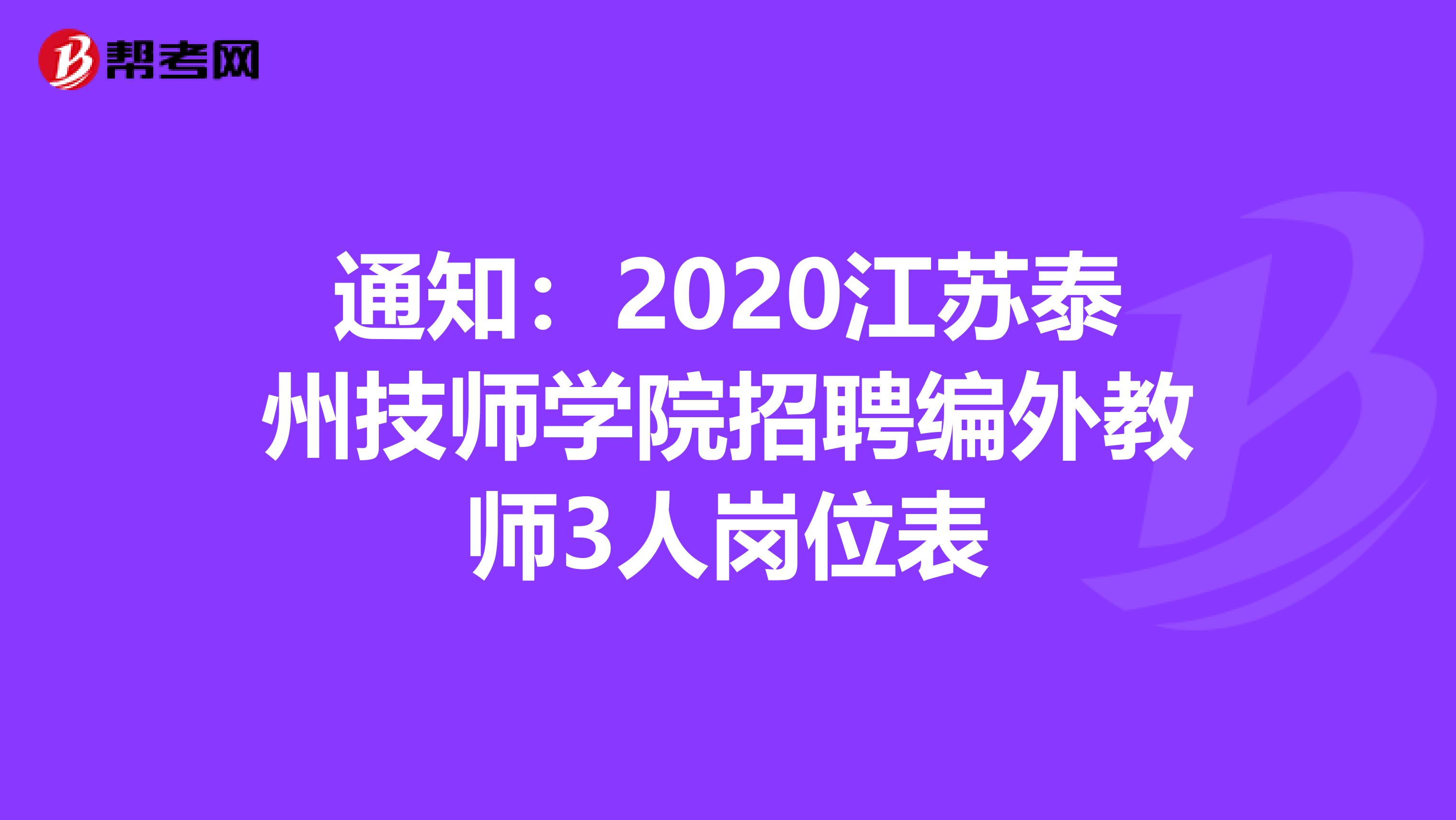 通知：2020江苏泰州技师学院招聘编外教师3人岗位表