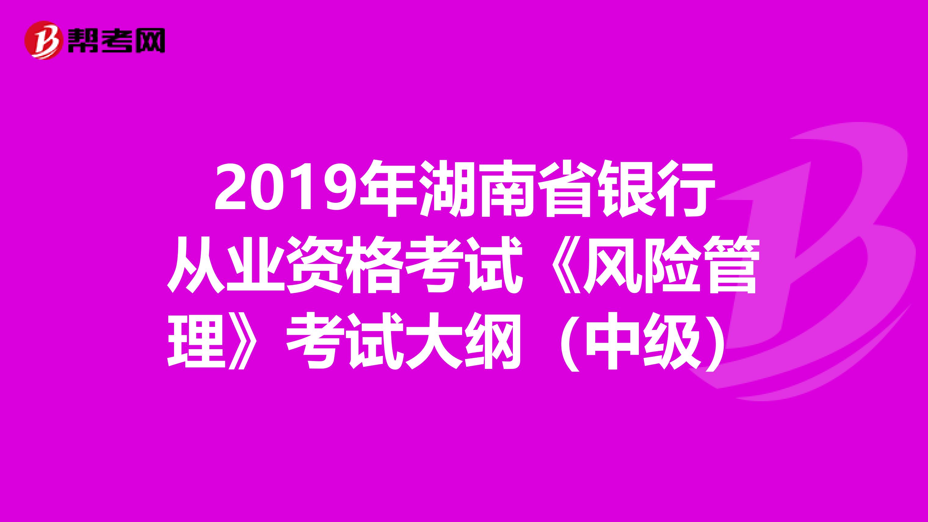 2019年湖南省银行从业资格考试《风险管理》考试大纲（中级）