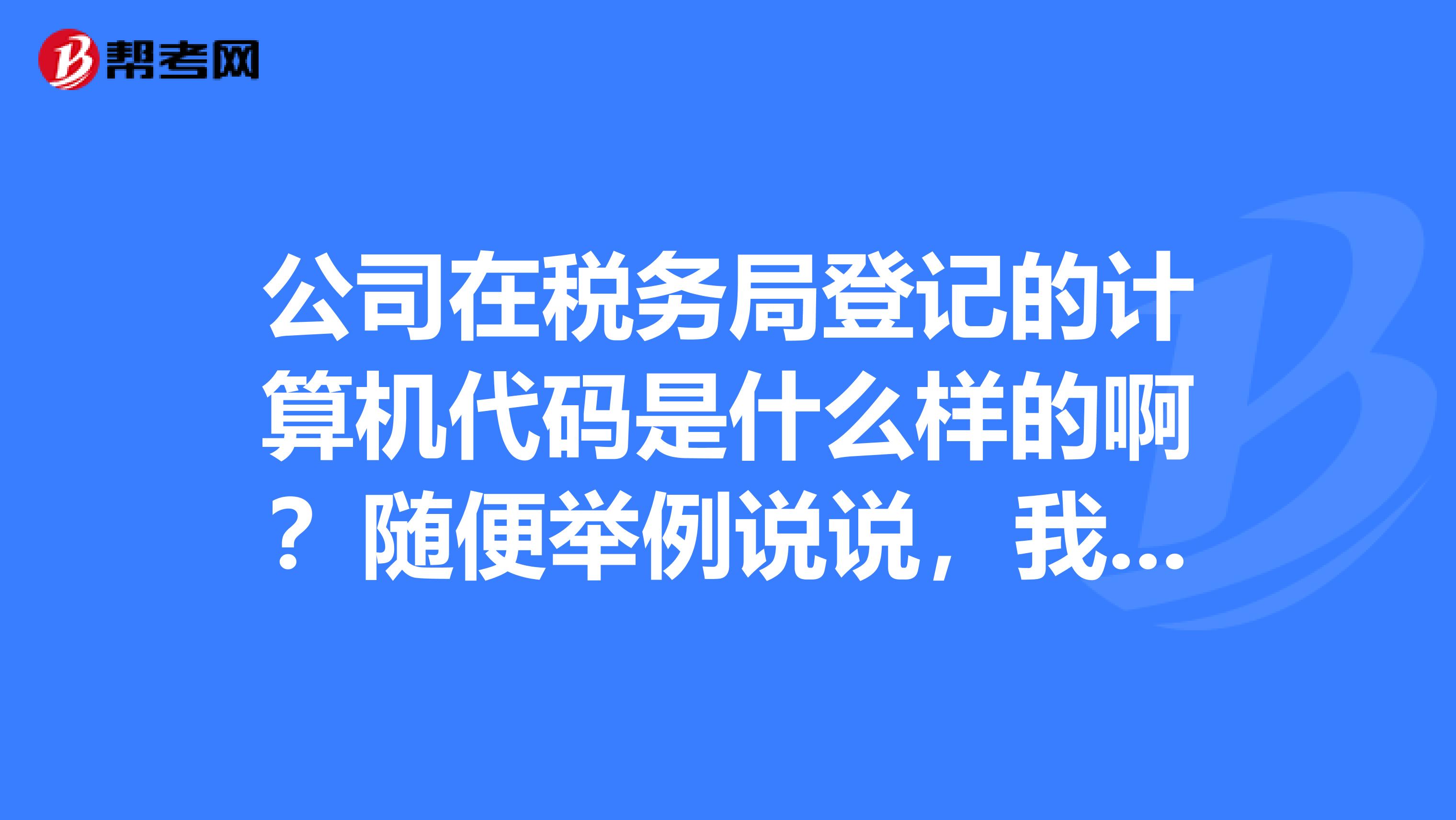 公司在税务局登记的计算机代码是什么样的啊?随便举例说说,我在地税局申报个税的时候他们问我,我确什么也不知道。单位公章上面有一串数字,那个是不是啊?我成都的,公章的数字是51,后面记不清