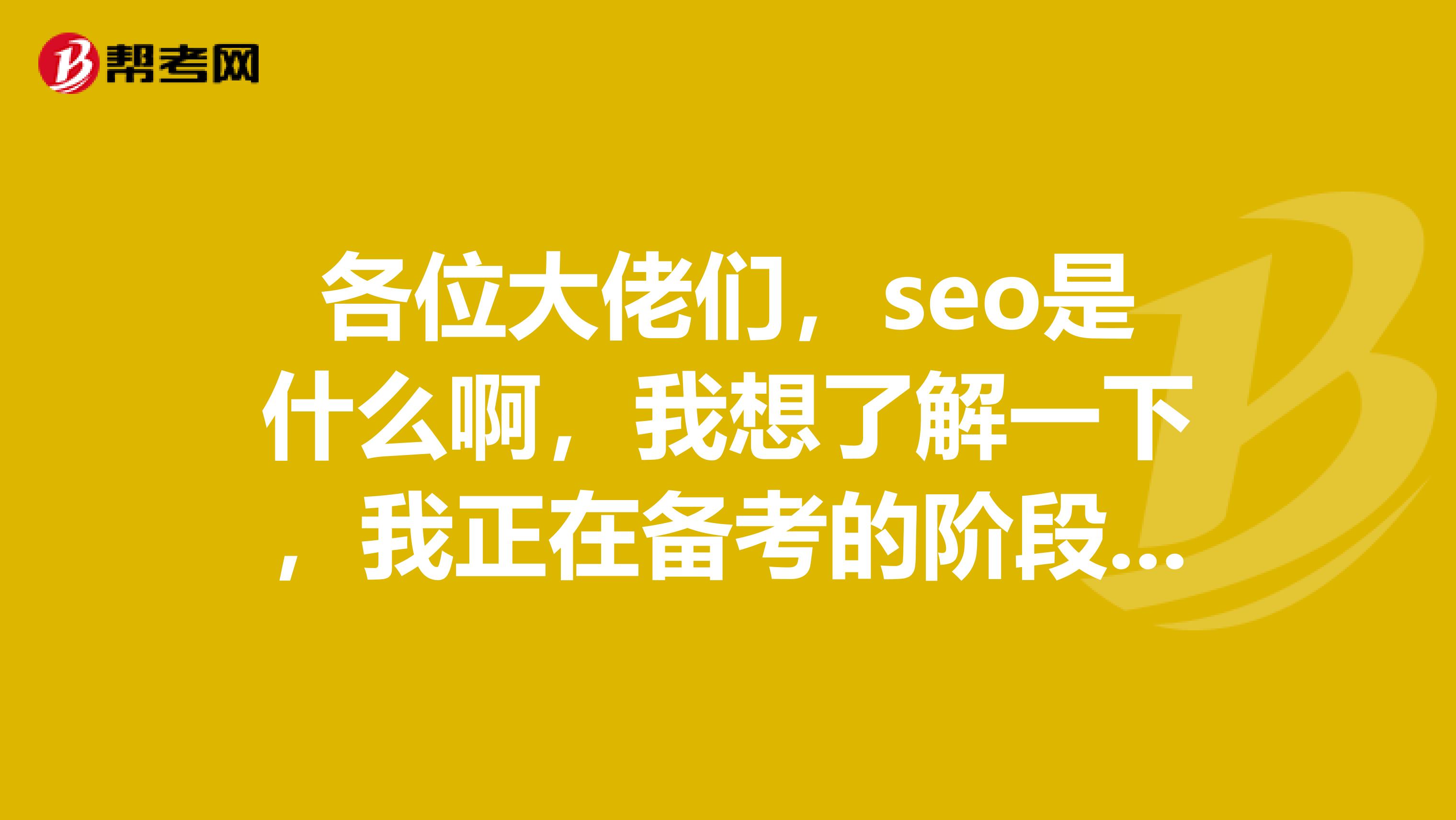 各位大佬们,seo是什么啊,我想了解一下,我正在备考的阶段,感谢了
